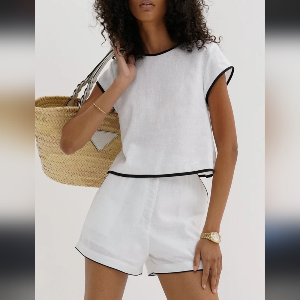 Commense White Linen Short Set with Black Trim